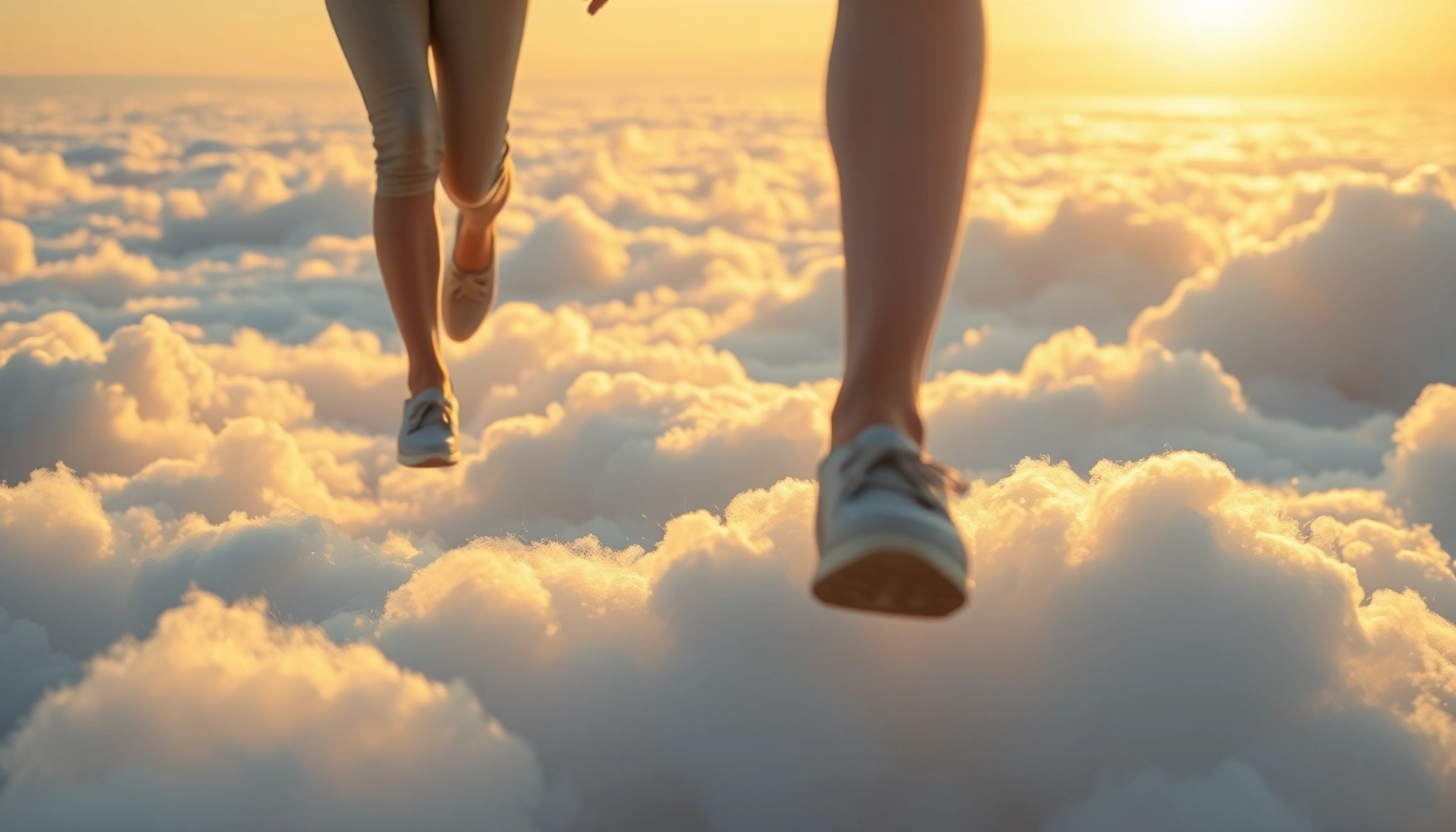 Experience the feeling of Walking on Clouds in a serene, dreamlike landscape with a golden sunrise.