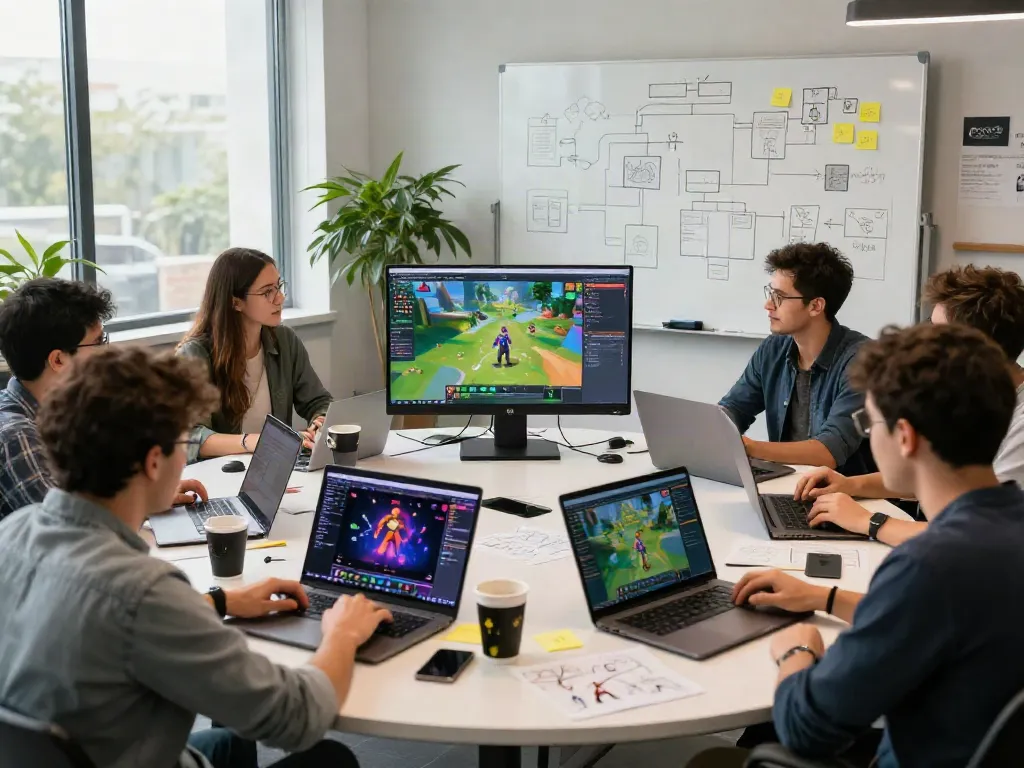 Developers collaborating on innovative ggsoft gaming software in a bright tech workspace.