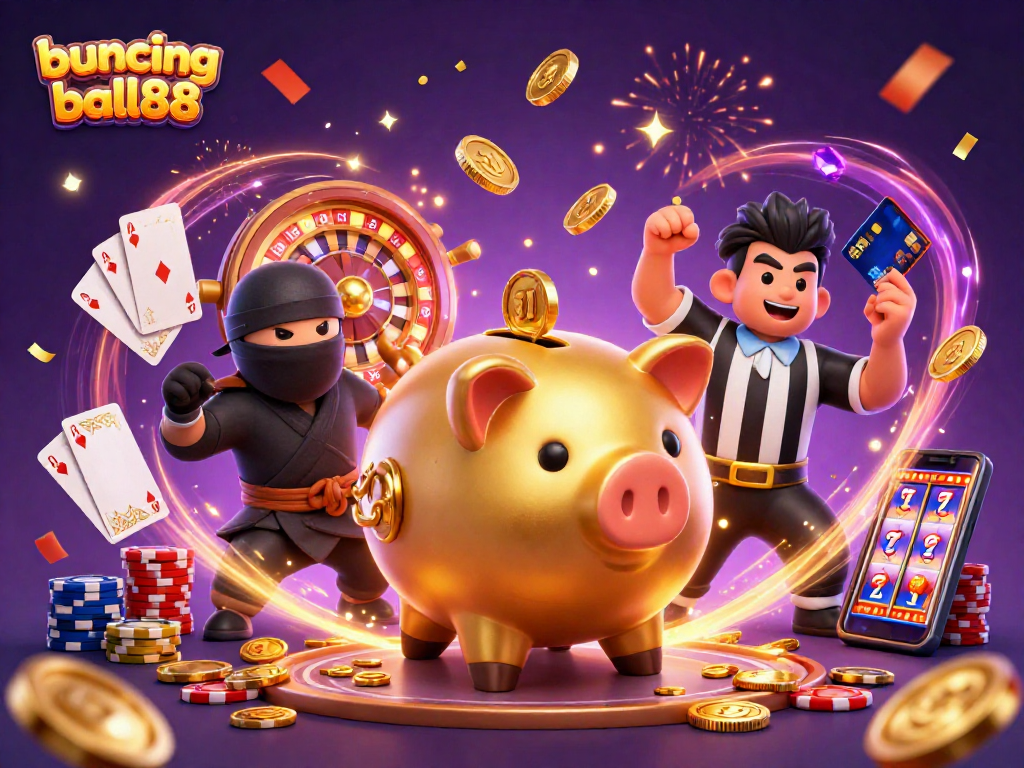 Bouncing ball88 celebrates with a sumo wrestler and a ninja in a vibrant casino scene.