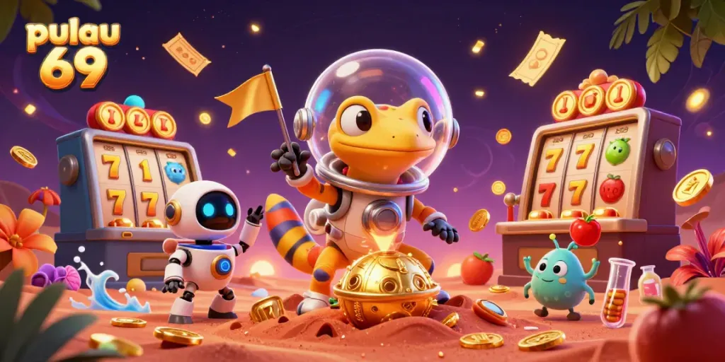 Experience the thrill of pulau 69 with a Martian gecko exploring a vibrant golden casino scene.