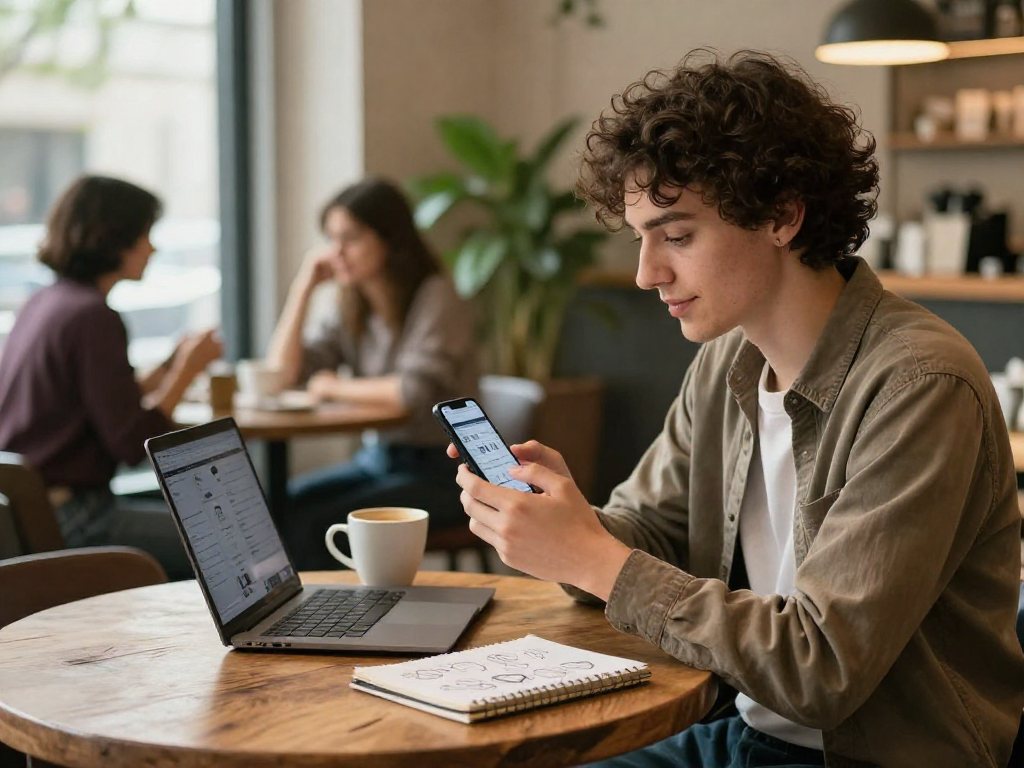 Young adult enjoying dating app experience while sipping coffee, showcasing how to crush on potential matches.