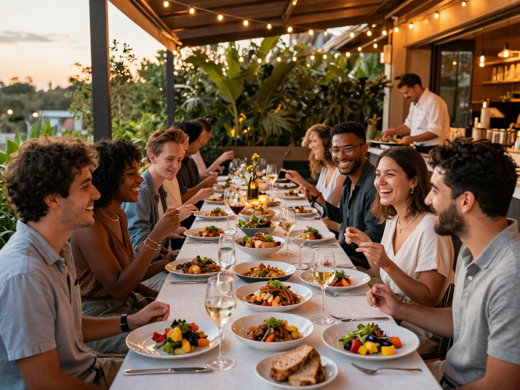 rokok88 dining scene with friends enjoying vibrant dishes at sunset