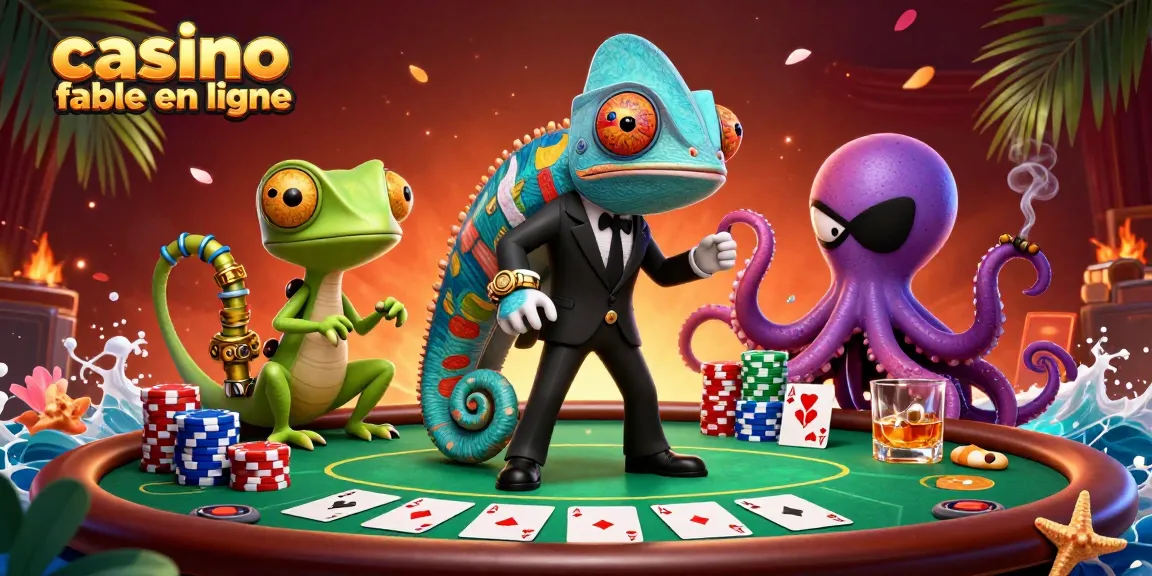 Table de poker animée avec un caméléon. Un casino fiable en ligne prend vie.