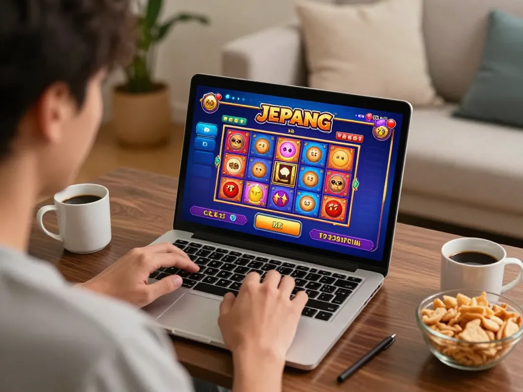 Player engaging in slot jepang on laptop in cozy home setting with snacks