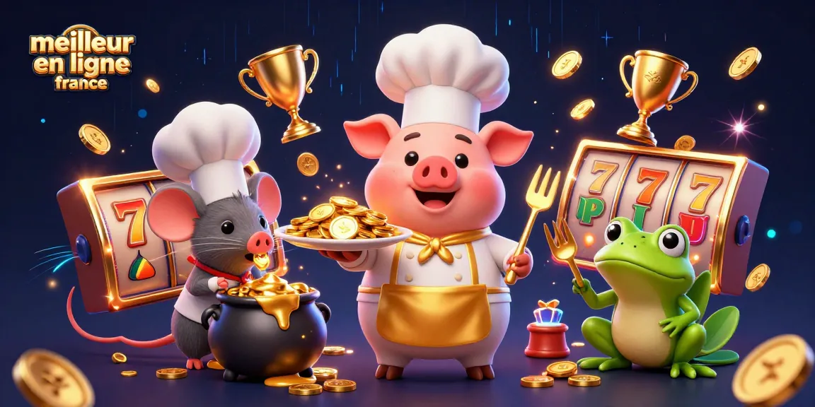 Visuel dynamique du meilleur casino en ligne France avec un chef cartoon et éléments de jeux de casino.