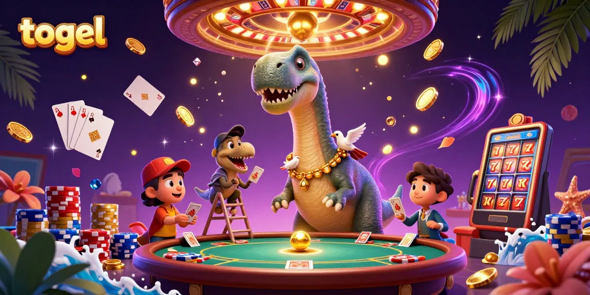 Experience thrilling togel games with dynamic casino action featuring a dinosaur dealer scene.