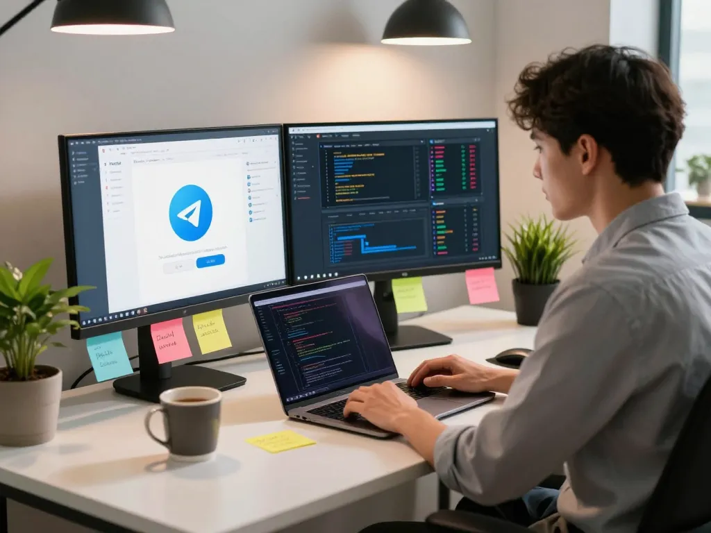 Dynamic tech workspace showcasing Telegram 下载 optimization with dual monitors and coding graphics.