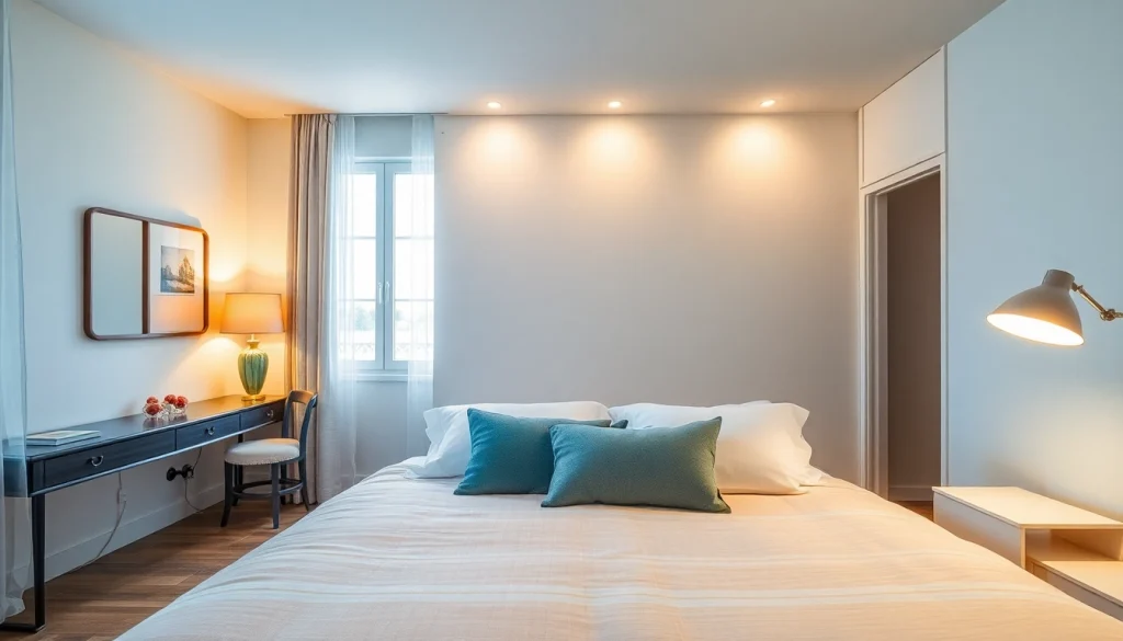 Dimensioni letto una piazza e mezza, arredato con biancheria elegante e colori rilassanti.