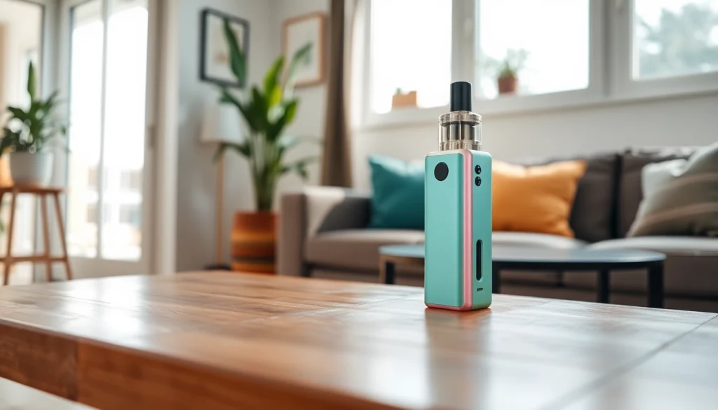 Elfbar auf einem holzbedeckten Tisch in einem modernen Wohnzimmer, umgeben von Pflanzen.