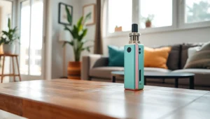 Elfbar auf einem holzbedeckten Tisch in einem modernen Wohnzimmer, umgeben von Pflanzen.