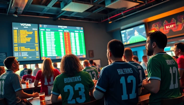 Exciting gathering of bettors enjoying the best online sportsbooks India in a vibrant sports bar atmosphere.