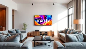 View a modern living room with an 'iron tv' prominently displayed on a stylish flat-screen.