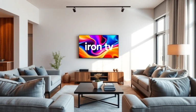 View a modern living room with an 'iron tv' prominently displayed on a stylish flat-screen.