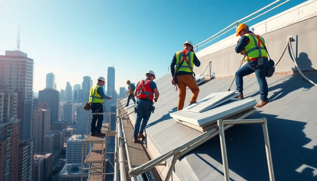 Enhance your commercial roofing services with our expert team visible on a high-rise building.