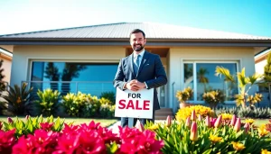 Real Estate agent showcasing a beautiful home in a vibrant, inviting setting.