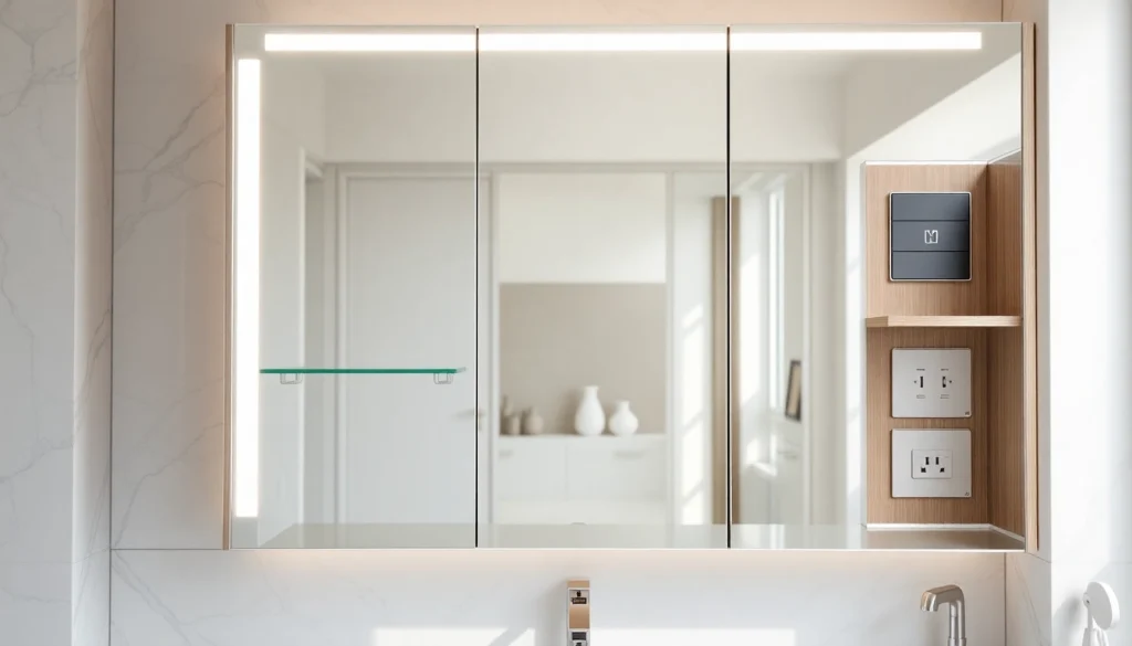 Spiegelschrank mit LED Beleuchtung in einem modernen Badezimmer mit eleganten Details.