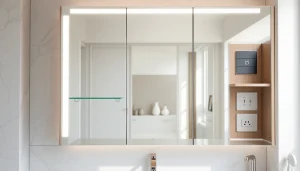 Spiegelschrank mit LED Beleuchtung in einem modernen Badezimmer mit eleganten Details.