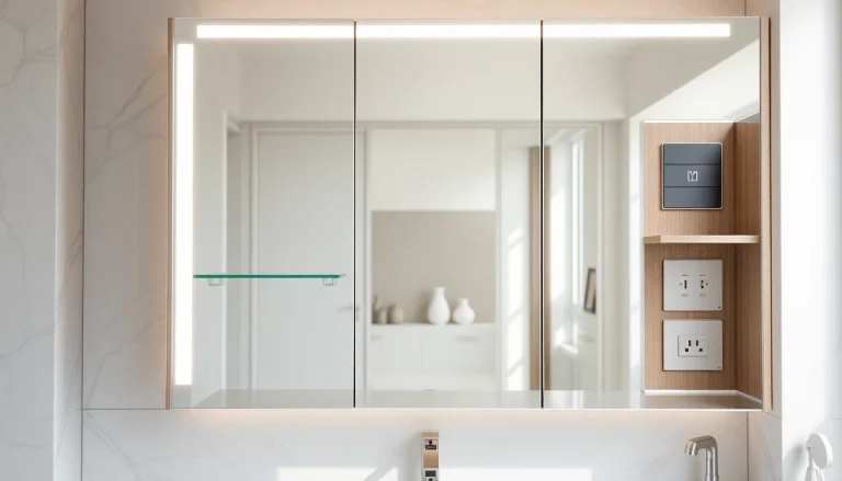 Spiegelschrank mit LED Beleuchtung in einem modernen Badezimmer mit eleganten Details.