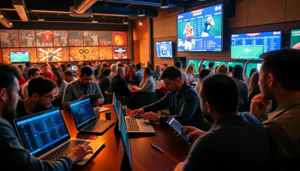 Exciting scene of bettors reviewing odds at the best sportsbooks in Mexico in a lively sports bar.