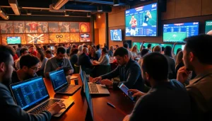 Exciting scene of bettors reviewing odds at the best sportsbooks in Mexico in a lively sports bar.