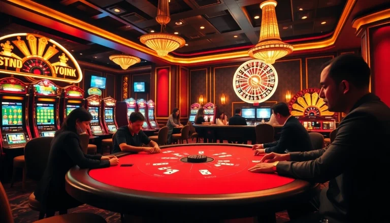 Players enjoying poker and slot machines at MM88's vibrant casino.