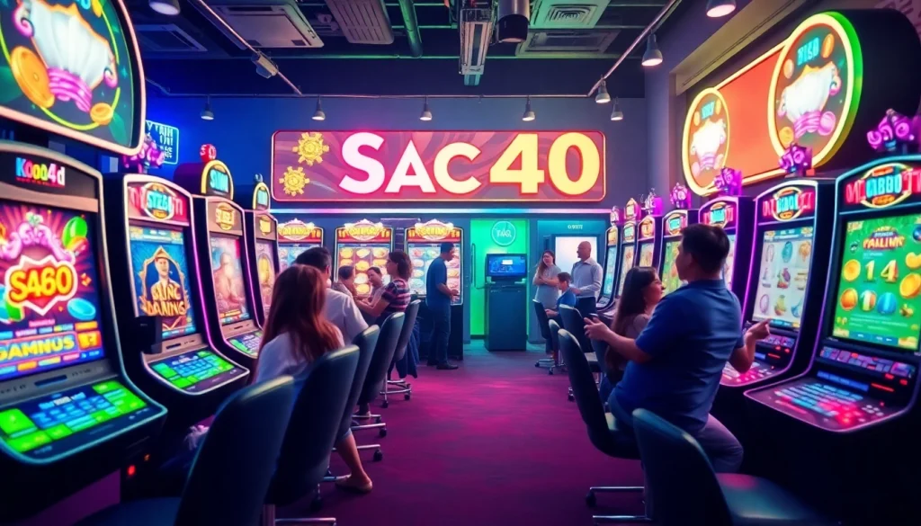 Situs kode4d vibrant gaming scene with colorful slot machines and excited players.