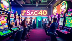 Situs kode4d vibrant gaming scene with colorful slot machines and excited players.