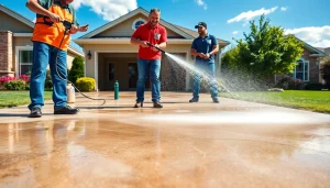 Concrete cleaning professionals using eco-safe methods to restore a driveway's appearance.