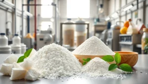 Édulcorant en vrac sous différentes formes avec une présentation esthétique dans un environnement de fabrication alimentaire.