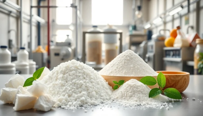 Édulcorant en vrac sous différentes formes avec une présentation esthétique dans un environnement de fabrication alimentaire.