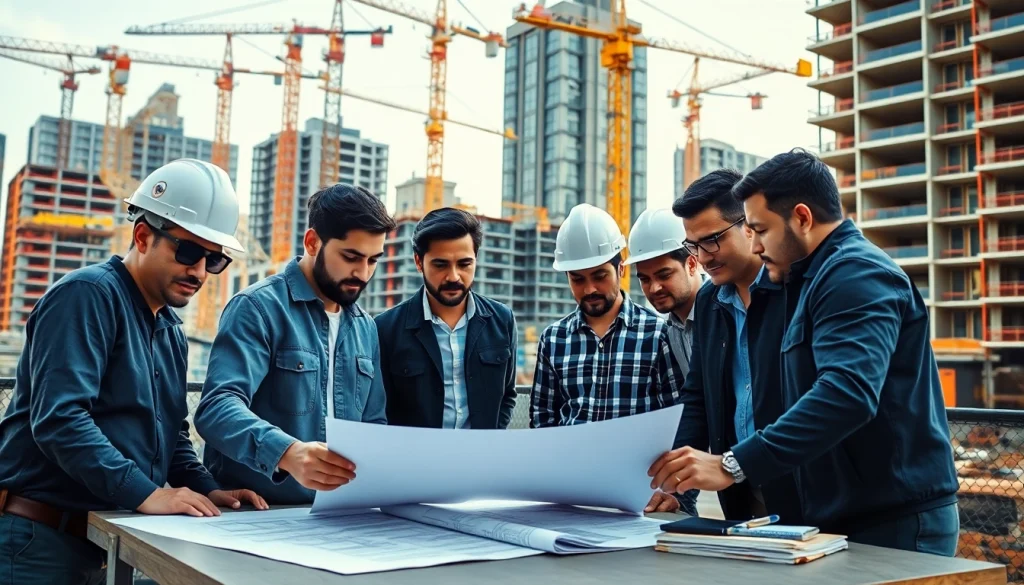 Workers collaborating on construction plans featuring a New York Commercial General Contractor.