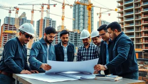 Workers collaborating on construction plans featuring a New York Commercial General Contractor.
