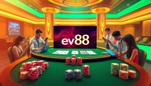 Experience thrilling gambling on ev88 with a luxurious casino setup featuring cards and chips.