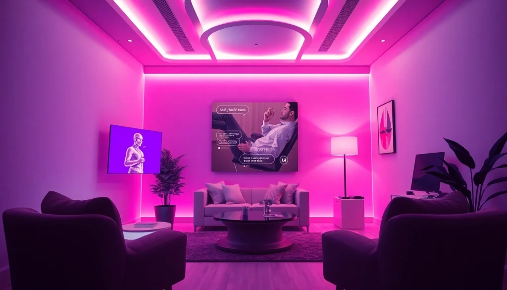 AI sexting chat interface in a modern room with engaging holographic avatars.