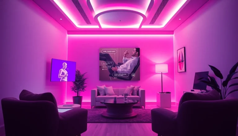 AI sexting chat interface in a modern room with engaging holographic avatars.