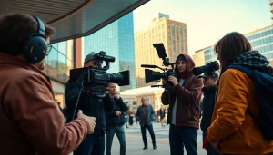 Film crew showcasing edmonton production companies in an urban Edmonton setting with a dramatic backdrop.