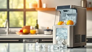 Using an ice maker to create fresh ice cubes in a stylish kitchen environment.