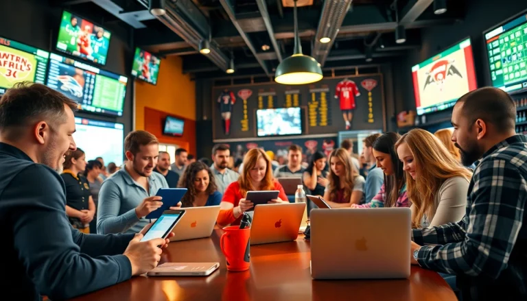 Exciting scene of sportsbooks in Canada with diverse individuals engaged in betting activities.