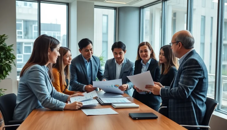 Analyzing pre and post award compliance in a professional business meeting with team collaboration.