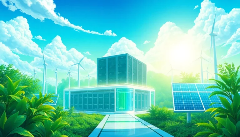 Futuristic crypto cloud mining facility powered by renewable energy sources like wind and solar.