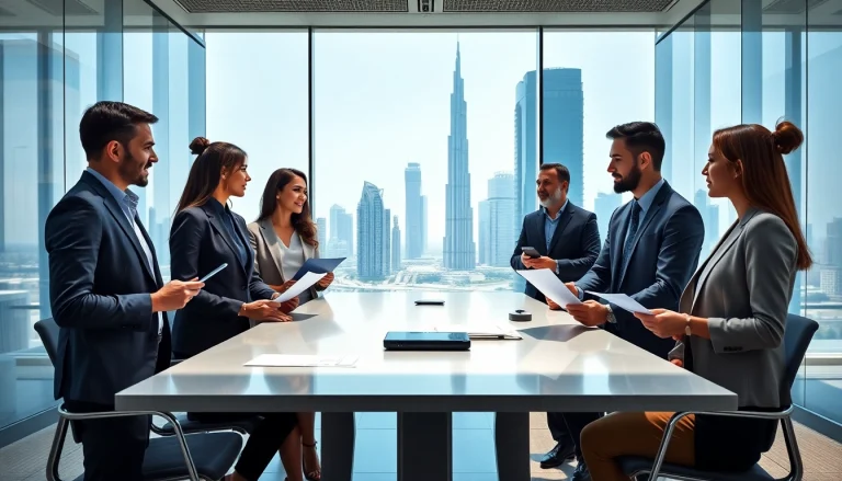 Engaged Business Consultants in Dubai collaborating in a modern office setting