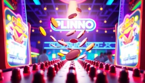 Mencoba plinko demo dengan bola-bola berkilauan jatuh di papan peg dengan latar belakang arcade.