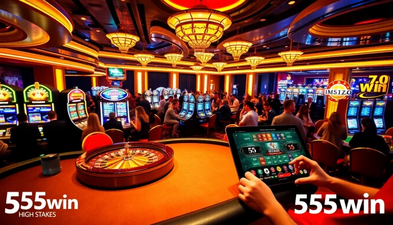 Experience the excitement of 555win with vibrant casino visuals featuring slot machines and a poker atmosphere.