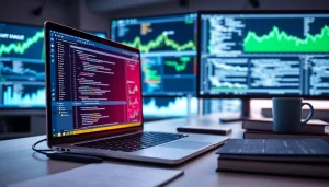 Web scrapping development workspace featuring coding interface and financial charts.