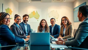 Migration agent in Australia assisting diverse clients in a professional office consultation.