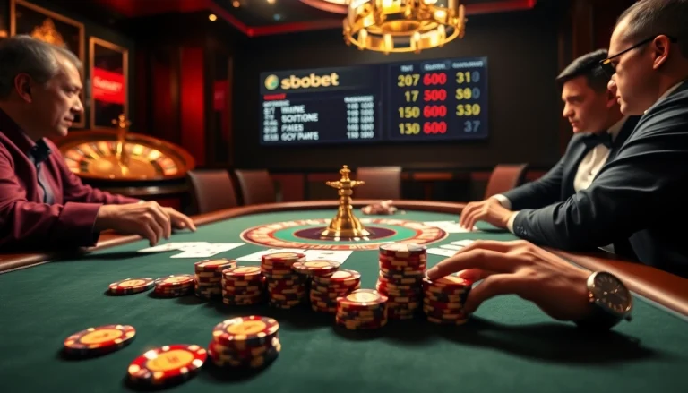 SBOBet offers exciting high-stakes poker action with players at an elegant casino table.