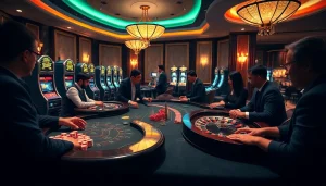 Experience the thrill of MK 8 gambling in a luxurious casino setting with vibrant tables and engaged players.