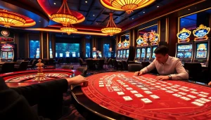 Players enjoy link mahjong in a luxurious casino setting, matching vibrant tiles.