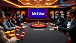 Excited gamblers playing at a luxurious bk8thai online casino, featuring poker chips and cards.