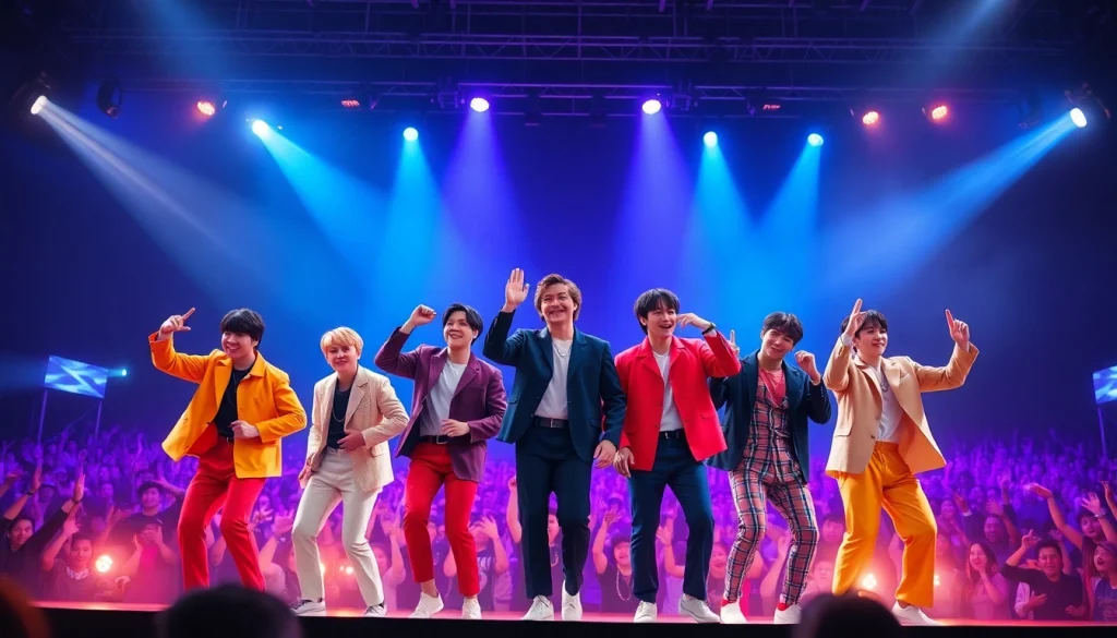 Performers bts members showcasing their energetic dance moves at a vibrant concert.